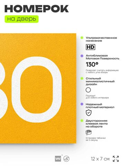 Номер на дверь 980, табличка на дверь для офиса, квартиры, кабинета, аудитории, склада, желтая 120х70 мм, Айдентика Технолоджи
