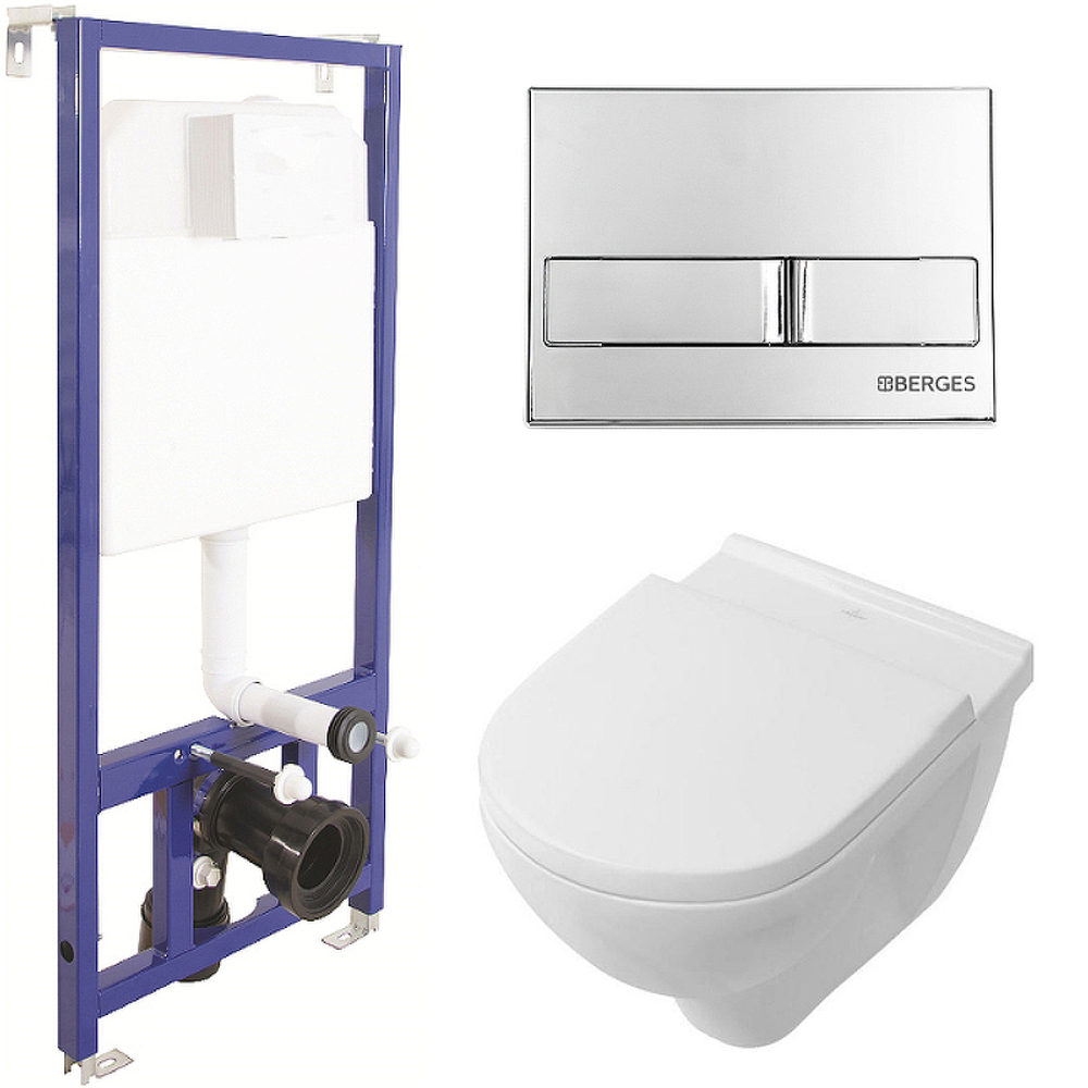 Комплект унитаза Villeroy&Boch O Novo 5660H101 с инсталляцией Berges Novum L3 040213 с сиденьем Микролифт и клавишей смыва Хром