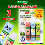 Клей-карандаш «Зверята: кошка, мышка, хрюшка», 9 г, фигурный колпачок, 3 шт./блистер, BRAUBERG KIDS.