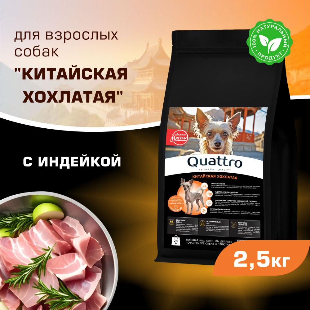 Корм сухой для взрослых собак породы Китайская хохлатая, с индейкой, 2,5 кг, QUATTRO