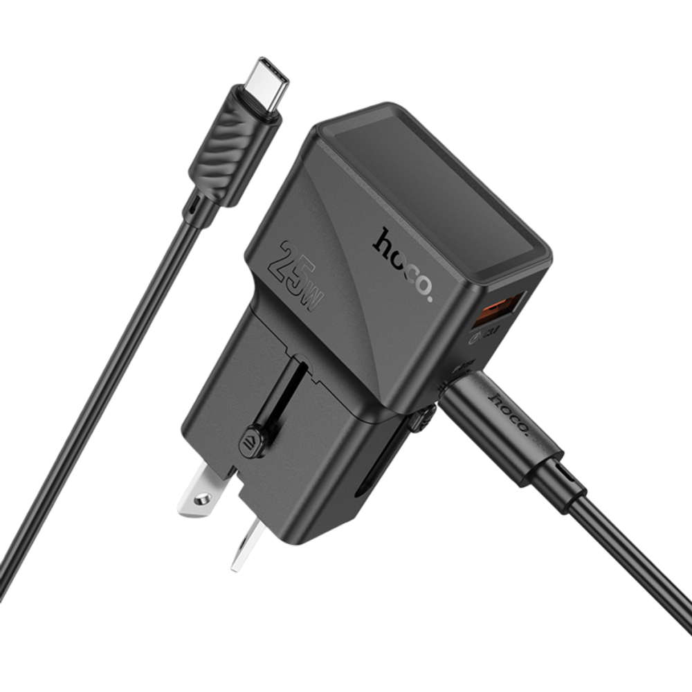 Универсальное зар. устр Hoco AC24 Type-C/USB-A EU/US/AUS/UK с кабелем Type-C на Type-C черное