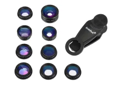 Набор объективов для смартфона Levenhuk Lens S10 с комплектующими на белом фоне