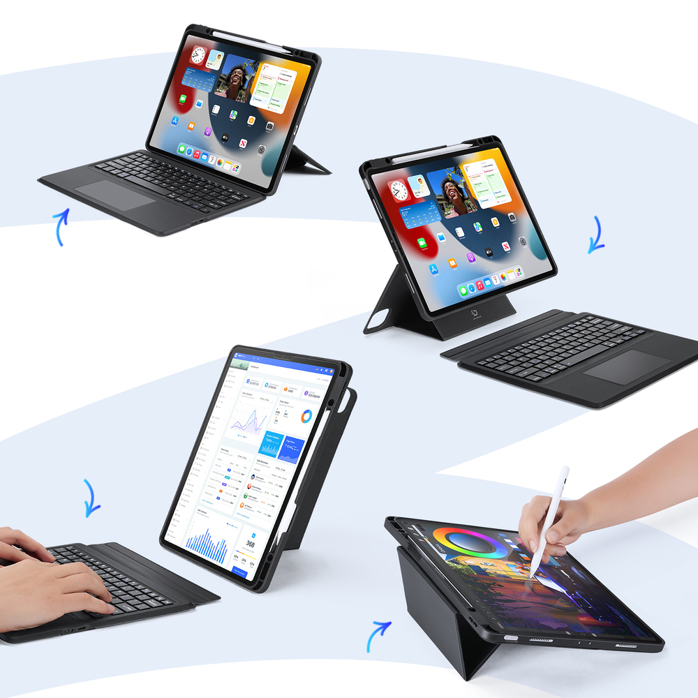 Чехол подставка с клавиатурой (RUS) от Dux Ducis для планшета iPad Air 13 (2024-25) и iPad Pro 12.9 (2018, 2020, 2021, 2022), серия DK Series Keyboard, русская клавиатура с подсветкой