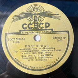 Пластинка Патефонная Шеллак, 78 оборотов, Подгорная / Белолица, Круглолица (СССР 1956)
