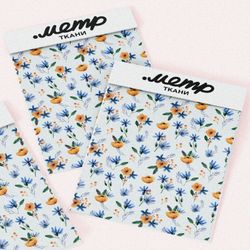 Ткань ниагара оранжевые цветочки с голубыми листочками