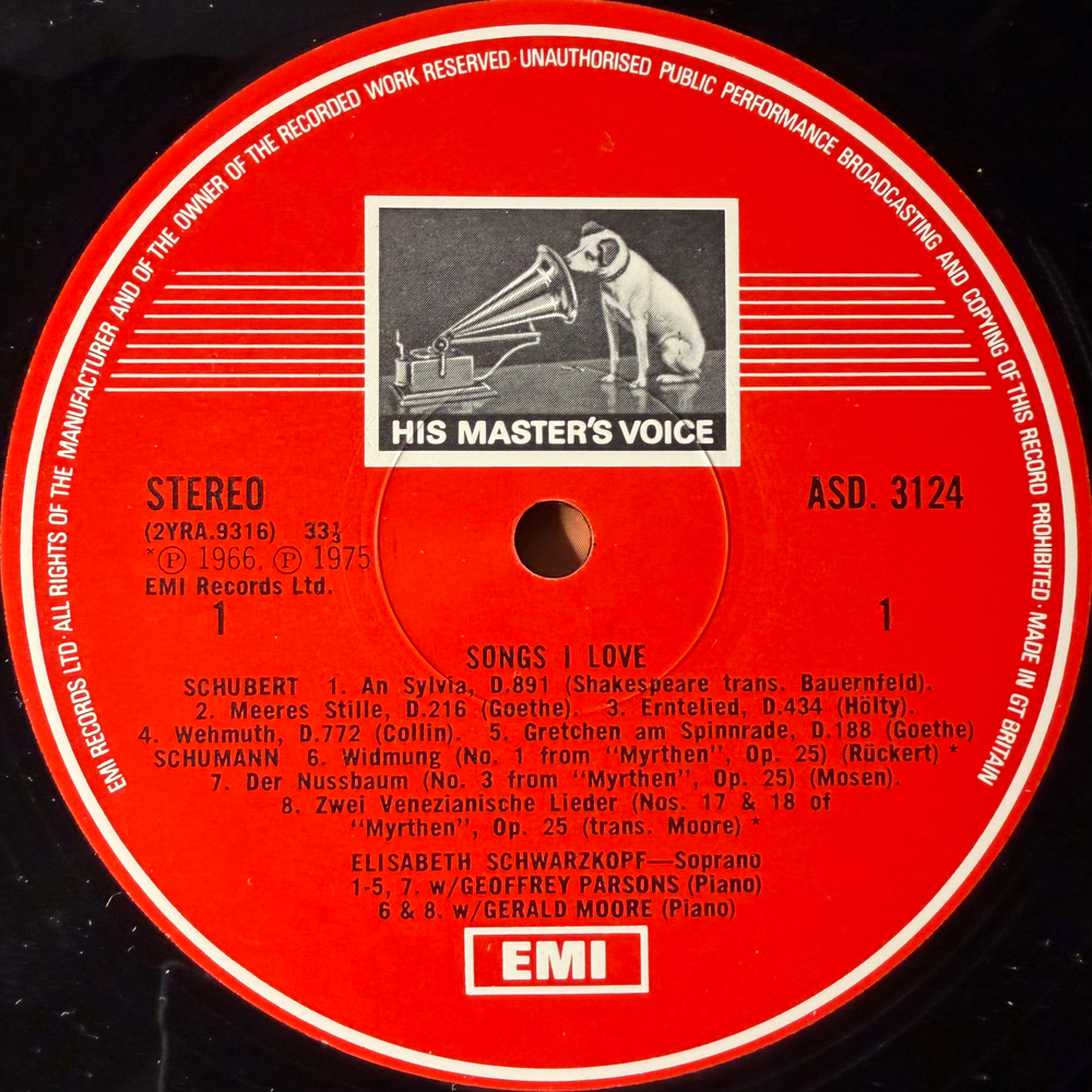 Elisabeth Schwarzkopf -Schubert, Schumann, Wolf ‎– Songs I Love (Англия 1975г.) Promo