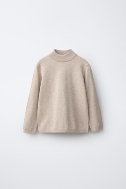 ZARA ТРИКОТАЖНЫЙ СВИТЕР С ВОРОТНИКОМ-СТОЙКОЙ, СВЕТЛО-БЕЖЕВЫЙ