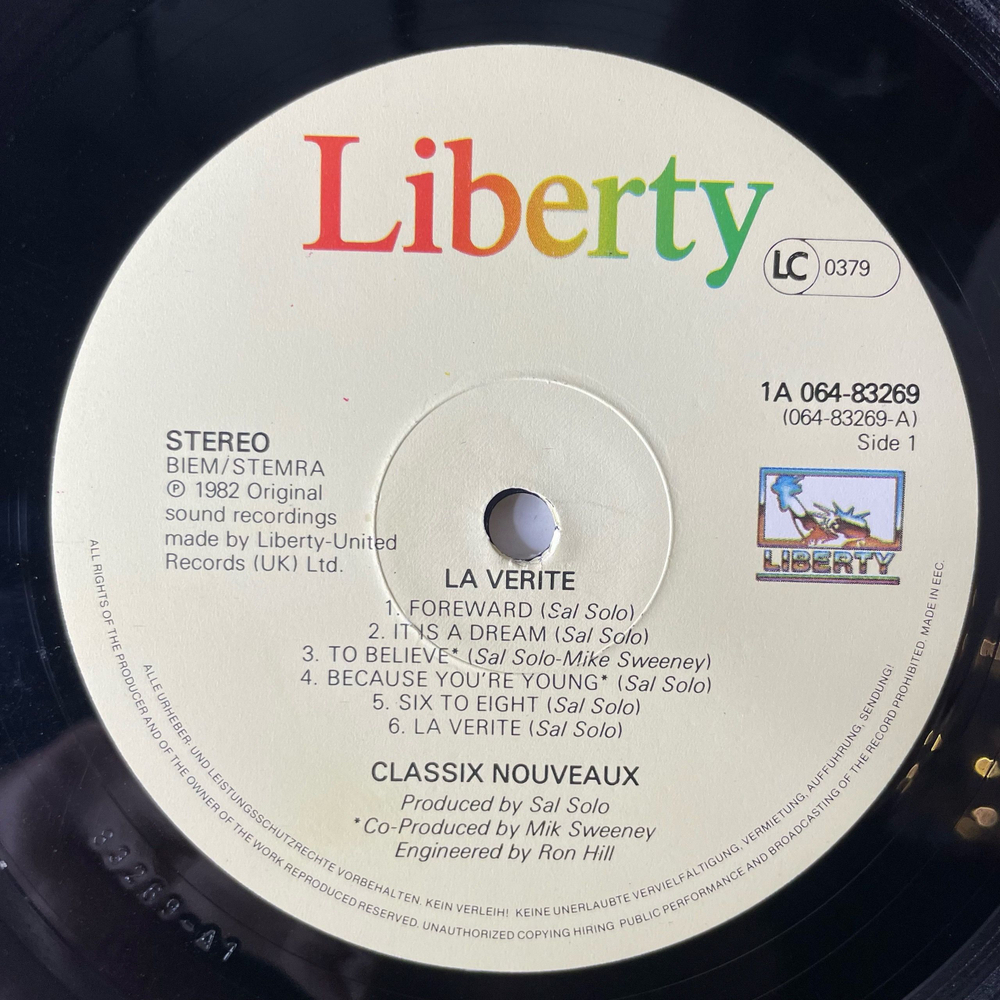Винтажная виниловая пластинка LP Classix Nouveaux La Verite (Нидерланды 1982)