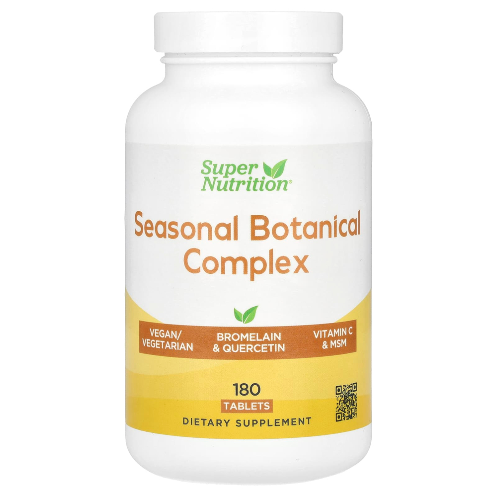 Super Nutrition, сезонный растительный комплекс с кверцетином, бромелаином, витамином C, куркумой и имбирём, 180 таблеток