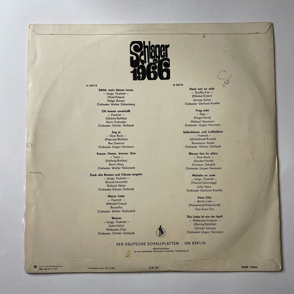Винтажная виниловая пластинка LP Schlager 1966 Эстрадные Песни Имевшие Успех На Фестивале Эстрадных (ГДР 1966)