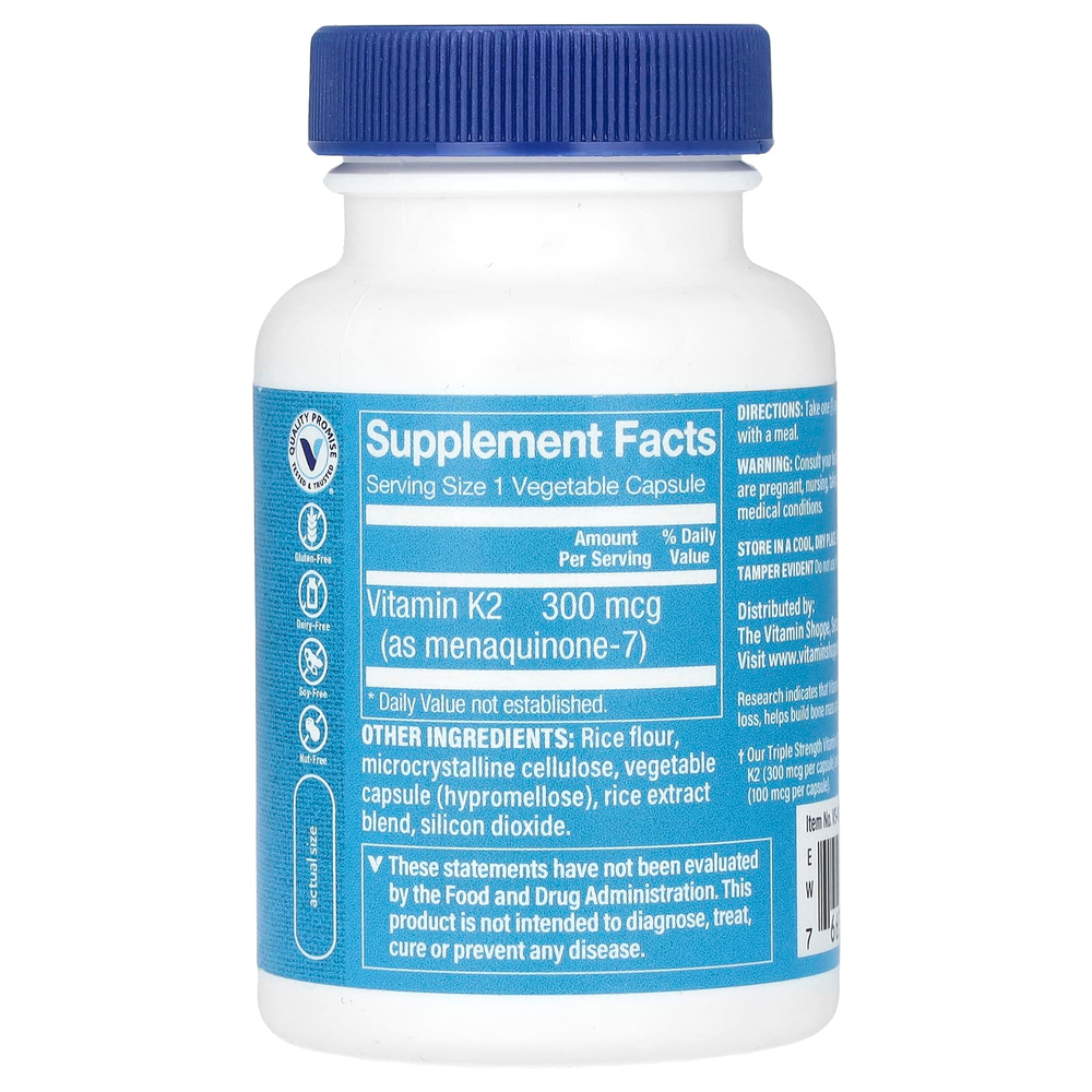 The Vitamin Shoppe, витамин K2, тройная сила, 300 мкг, 120 растительных капсул