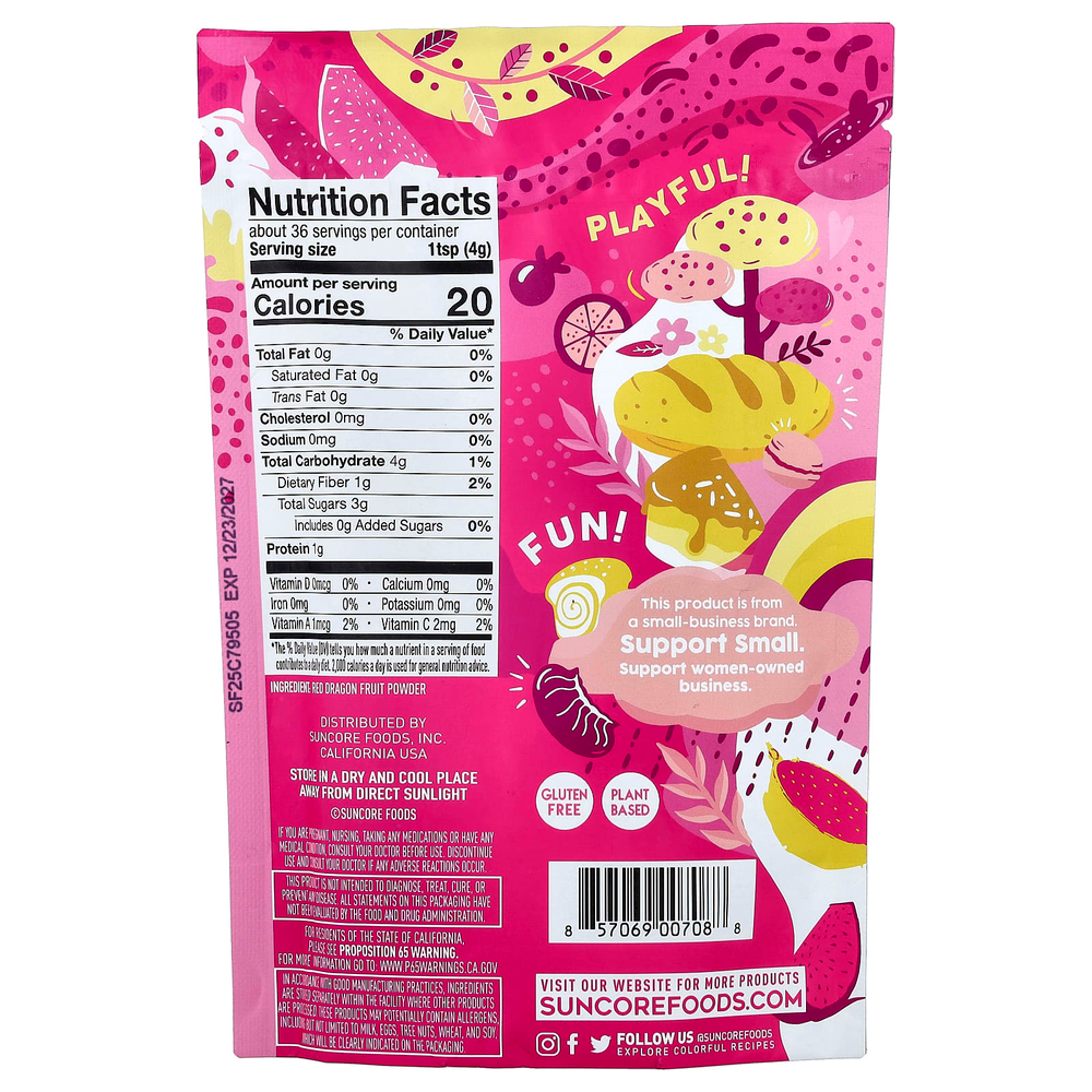 Suncore Foods, порошок из розовой питахайи, красная питахайя, 142 г (5 унций)