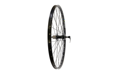 Колесо заднее 26" ALEXRIMS двойной обод пистон. черный, втулка: NOVATEC ал. ДИСК касс. 8-10 ск. эксц. промподш. черный, спица черный