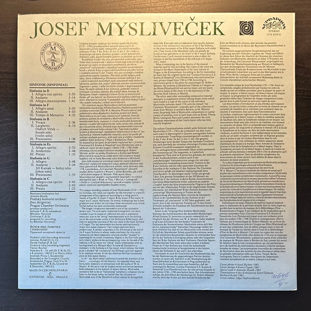 Йозеф Мысливечек - Пражский камерный оркестр - Симфонии (Чехословакия 1983г.)