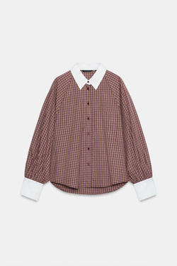 ZARA РУБАШКА В КЛЕТКУ С КОНТРАСТНЫМИ ДЕТАЛЯМИ, ГРАНАТОВЫЙ