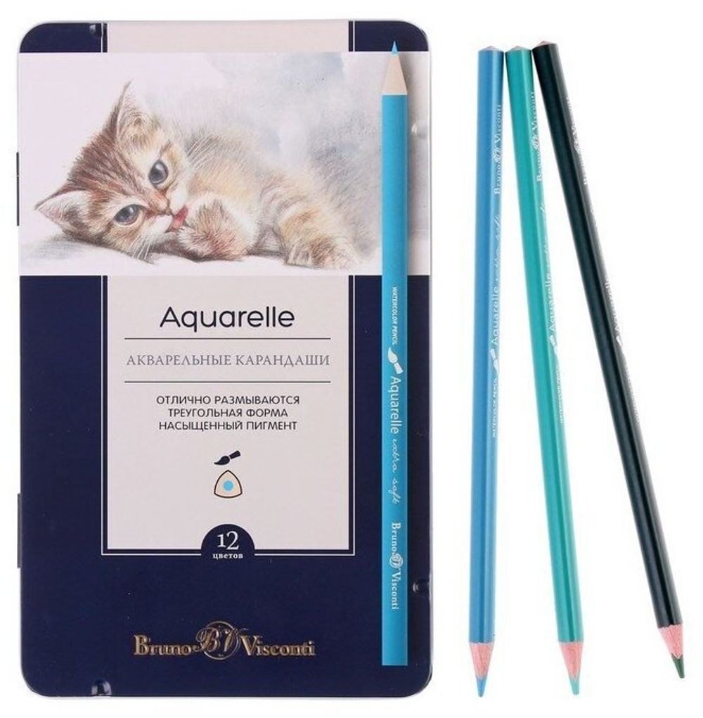 Карандаши цветные акварельные BRUNO VISCONTI Aquarelle, 12 цветов, металлический пенал, 30-0037
