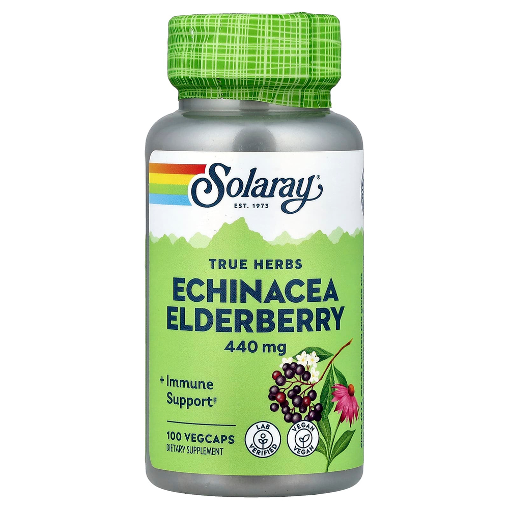 Solaray, True Herbs, бузина с эхинацеей, 100 растительных капсул