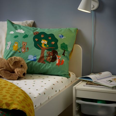 Простыня на резинке IKEA BRUMMIG (БРУММИГ), Детская, Белый с рисунком, 90х200