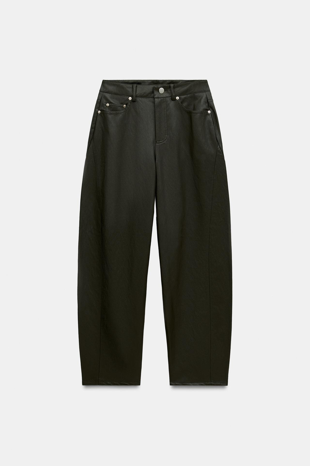 ZARA БРЮКИ BARREL ПОД КОЖУ, ТЕМНЫЙ ХАКИ