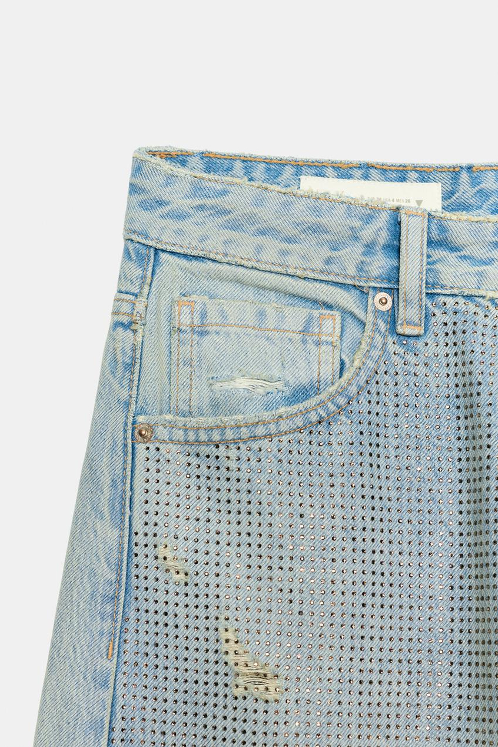 ZARA ДЖИНСЫ TRF BAGGY СО СРЕДНЕЙ ПОСАДКОЙ И СТРАЗАМИ, ГОЛУБОЙ