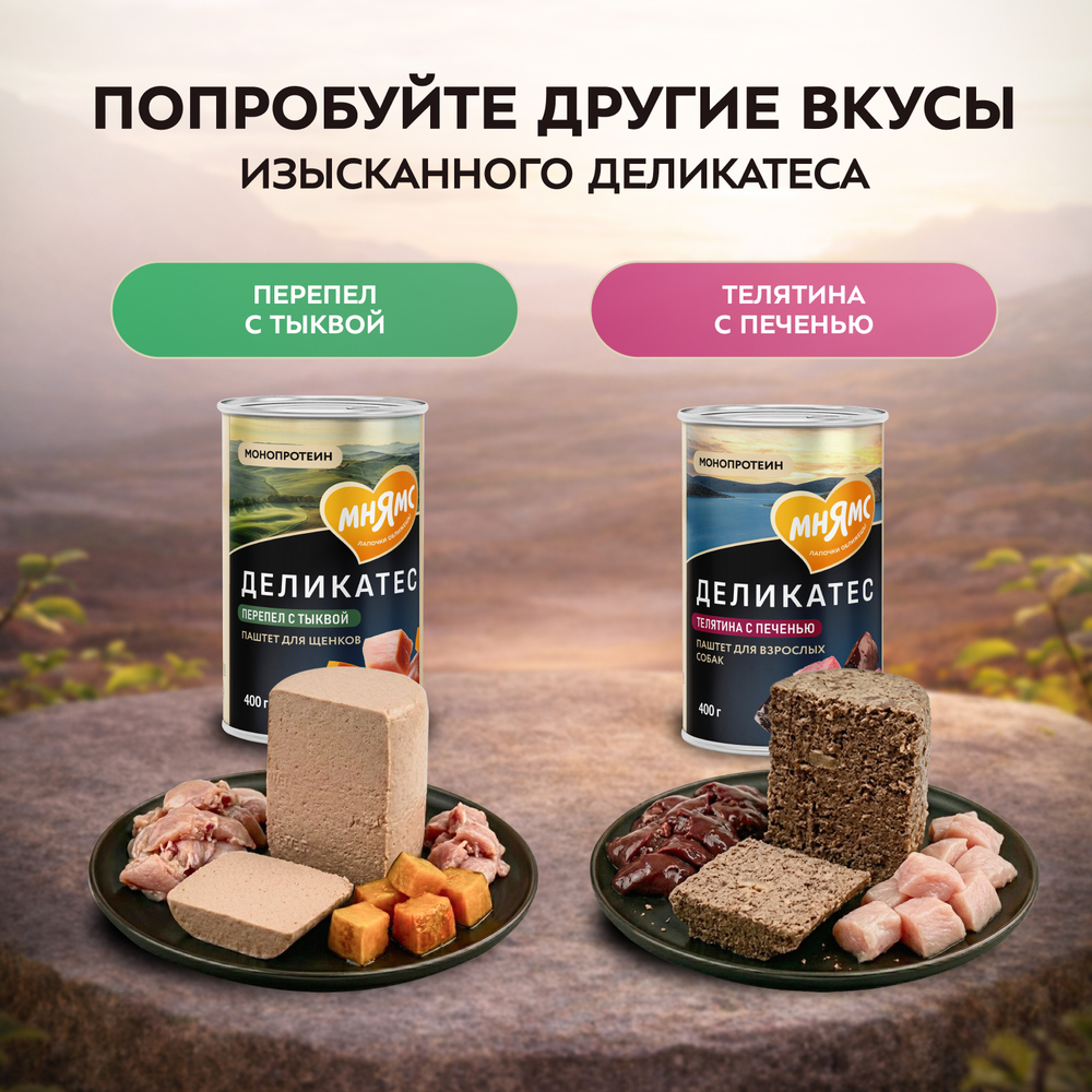Влажный корм Мнямс Деликатес Паштет из индейки с уткой для собак всех пород "Турдакен по-британски" 12шт по 400 г