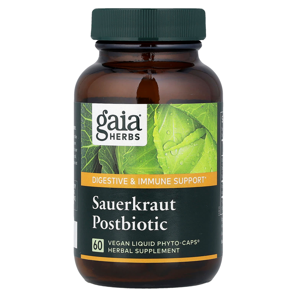Gaia Herbs, постбиотик из квашеной капусты, 60 веганских капсул Liquid Phyto-Caps (600 мг в 1 капсуле)