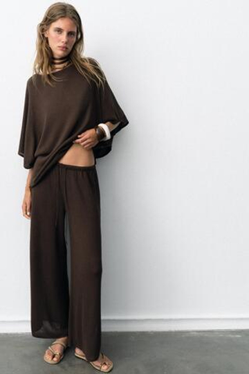 ZARA БРЮКИ ИЗ ФАКТУРНОЙ ТКАНИ С РАЗРЕЗАМИ, КОРИЧНЕВЫЙ