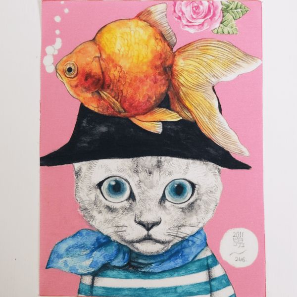 КОТ С РЫБКОЙ, панно, холст 20 / 15 см 1