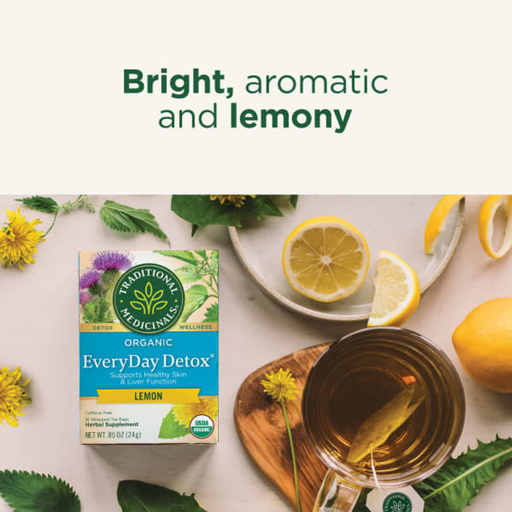 Traditional Medicinals, Organic EveryDay Detox®, со вкусом лимона, без кофеина, 16 упакованных чайных пакетиков, 24 г (0,85 унции)