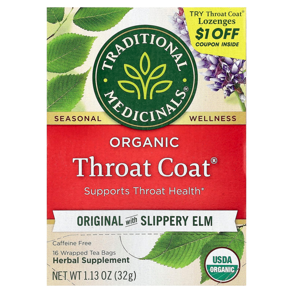 Traditional Medicinals, Organic ThroatCoat®, оригинальный продукт со скользким вязом, без кофеина, 16 запеченных чайных пакетиков, 32 г (1,13 унции)