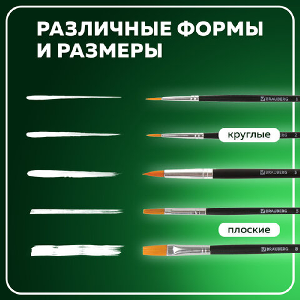 Кисти BRAUBERG, НАБОР 5шт., (синтетическая круглая № 1,2,5, плоская № 5,8), блистер, 200219