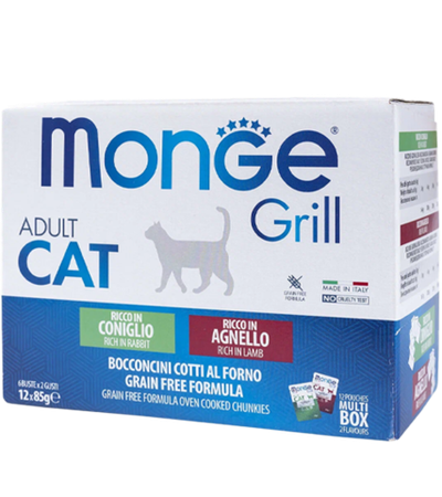 Monge Cat Grill для взрослых кошек с кроликом, с ягненком, бокс с паучами 12шт х 85гр.