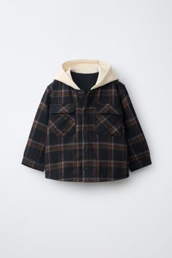 ZARA КУРТКА-РУБАШКА В КЛЕТКУ С КАПЮШОНОМ, СИНИЙ