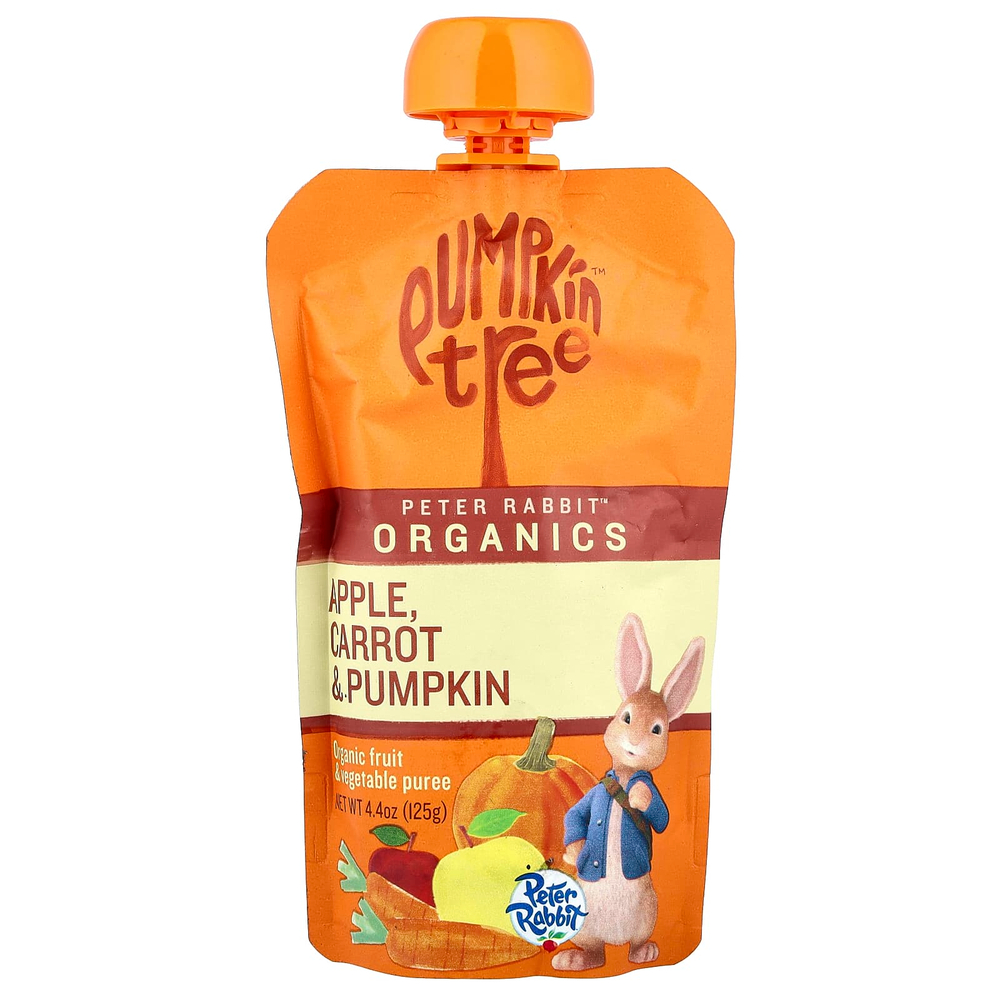 Pumpkin Tree Organics, Peter Rabbit Organics, органическое фруктовое и овощное пюре, яблоко, морковь и тыква, 125 г (4,4 унции)