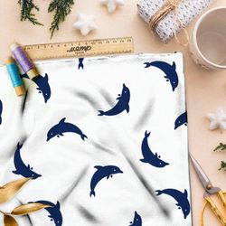 Ткань премиум шифон синие дельфины на белом