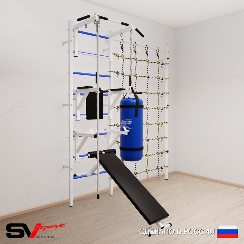 Шведская стенка Sv Sport 59010 (Турник стандарт/Брусья/Стойка/Скамья/Канат/Цепь/Мешок 15кг/Канатный лаз)