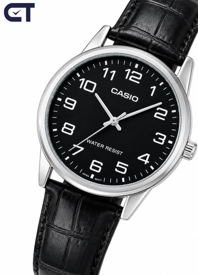Casio MTP-V001L-1B Standard часы наручные мужские — чёрный циферблат, серебристый корпус и кожаный ремешок