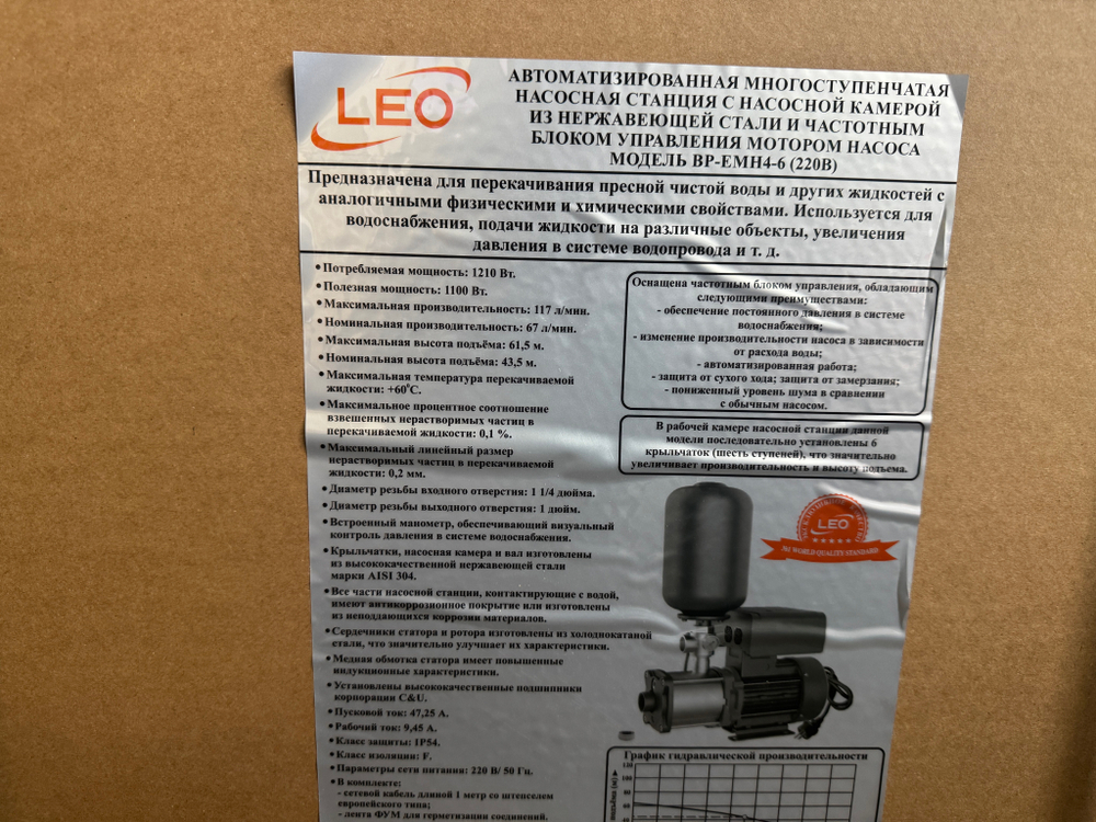 Насосная станция "LEO" с частотным блоком управления модель BP-EMH4-6 (220В)