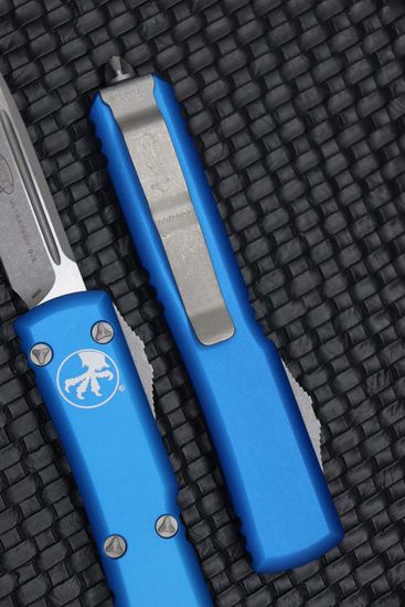 Microtech Ultratech S/E - нож автомат., синяя алюм. рук-ть, клинок апокалиптик