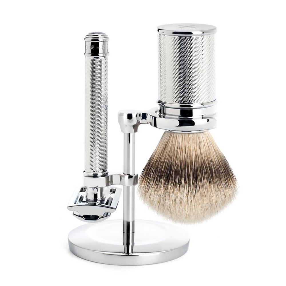 Бритвенный набор MUEHLE TRADITIONAL, хром, барсучий ворс высшей категории Silvertip, Т-образная бритва (S 091 M 89)