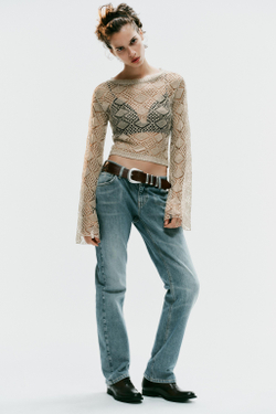 ZARA СВИТЕР ИЗ ТРИКОТАЖА POINTELLE С РАСКЛЕШЕННЫМИ РУКАВАМИ, ЗОЛОТИСТЫЙ