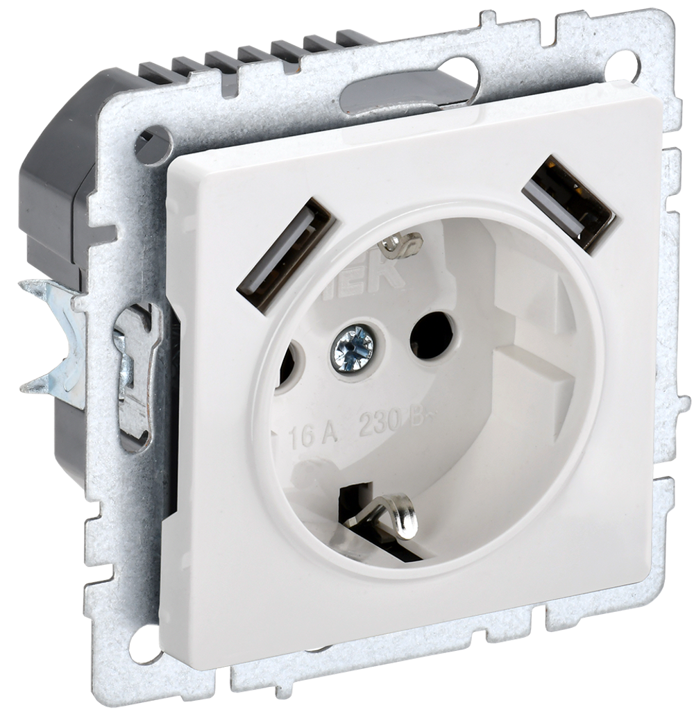 BRITE Розетка 1-местная с заземлением с защитными шторками 16А с USB A+A 5В 2,1А РЮш10-1-БрБ белый IEK