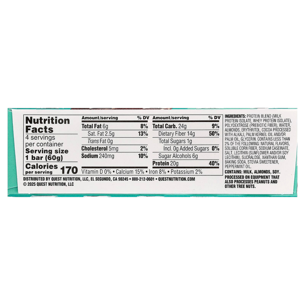 Quest Nutrition, протеиновый батончик, мята и шоколадная крошка, 4 шт. по 60 г (2,12 унции)