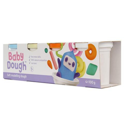 Тесто для лепки BabyDough, набор 4 цвета (синий, нежно-зеленый, красный, оранжевый)