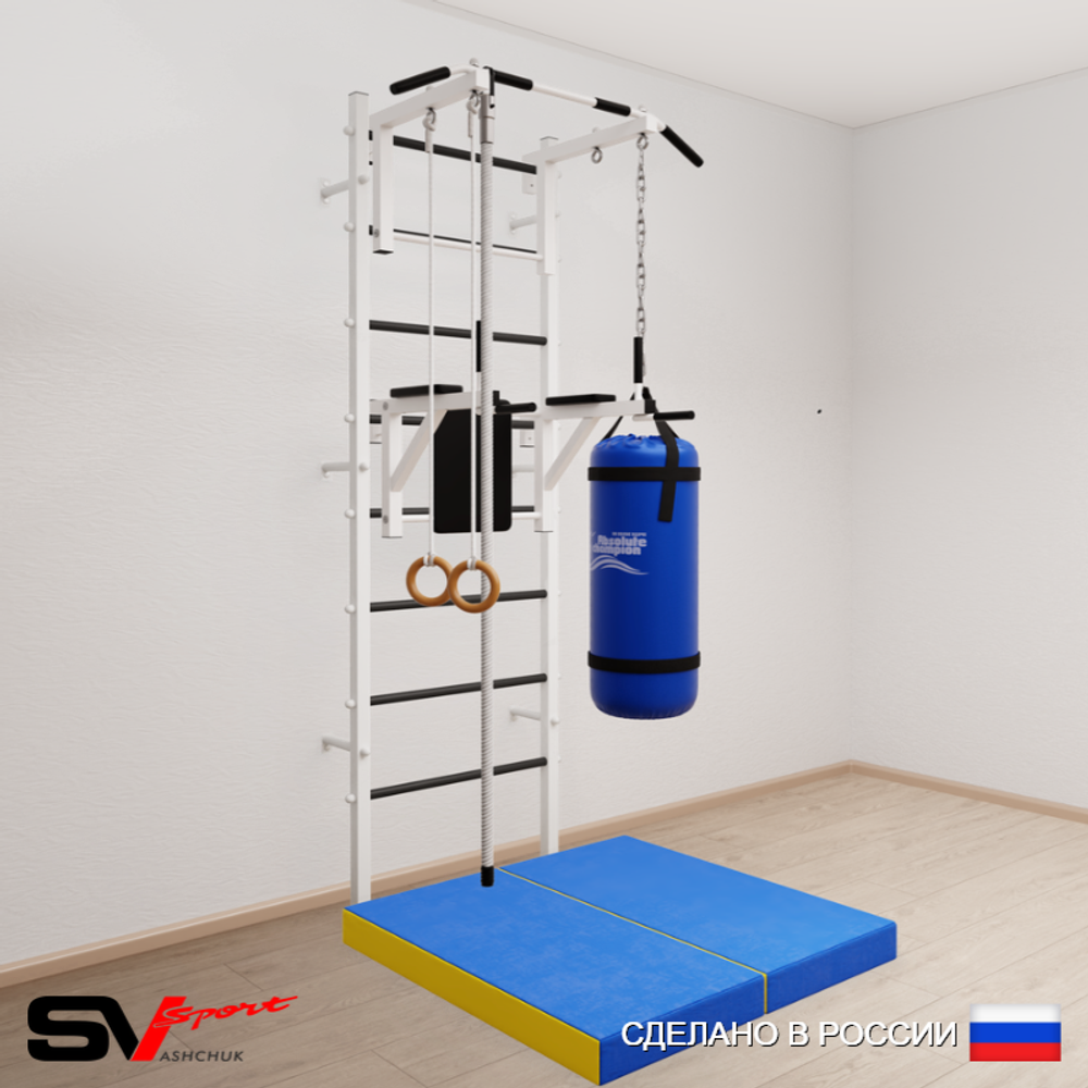 Шведская стенка Sv Sport 5745 (Турник стандарт/Брусья/Канат/Кольца/Цепь/Мешок 15кг/Мат 1м)