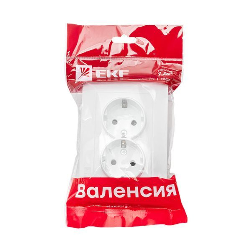 Валенсия розетка 2-местная с/з 16А белая с защ, штор, EKF PROxima
