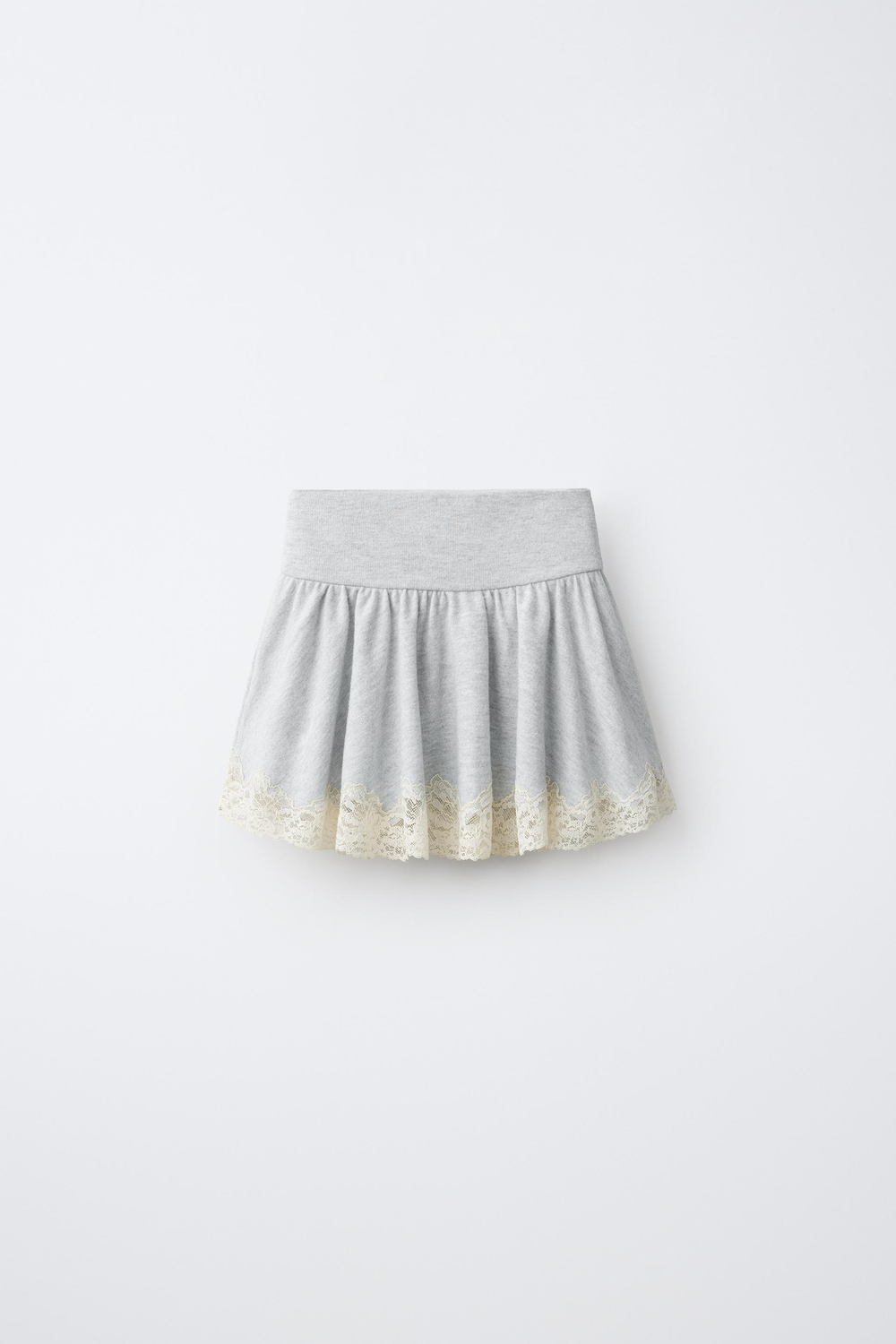 ZARA ЮБКА ИЗ МЯГКОЙ ТКАНИ С КРУЖЕВОМ, СЕРЫЙ МЕЛАНЖ