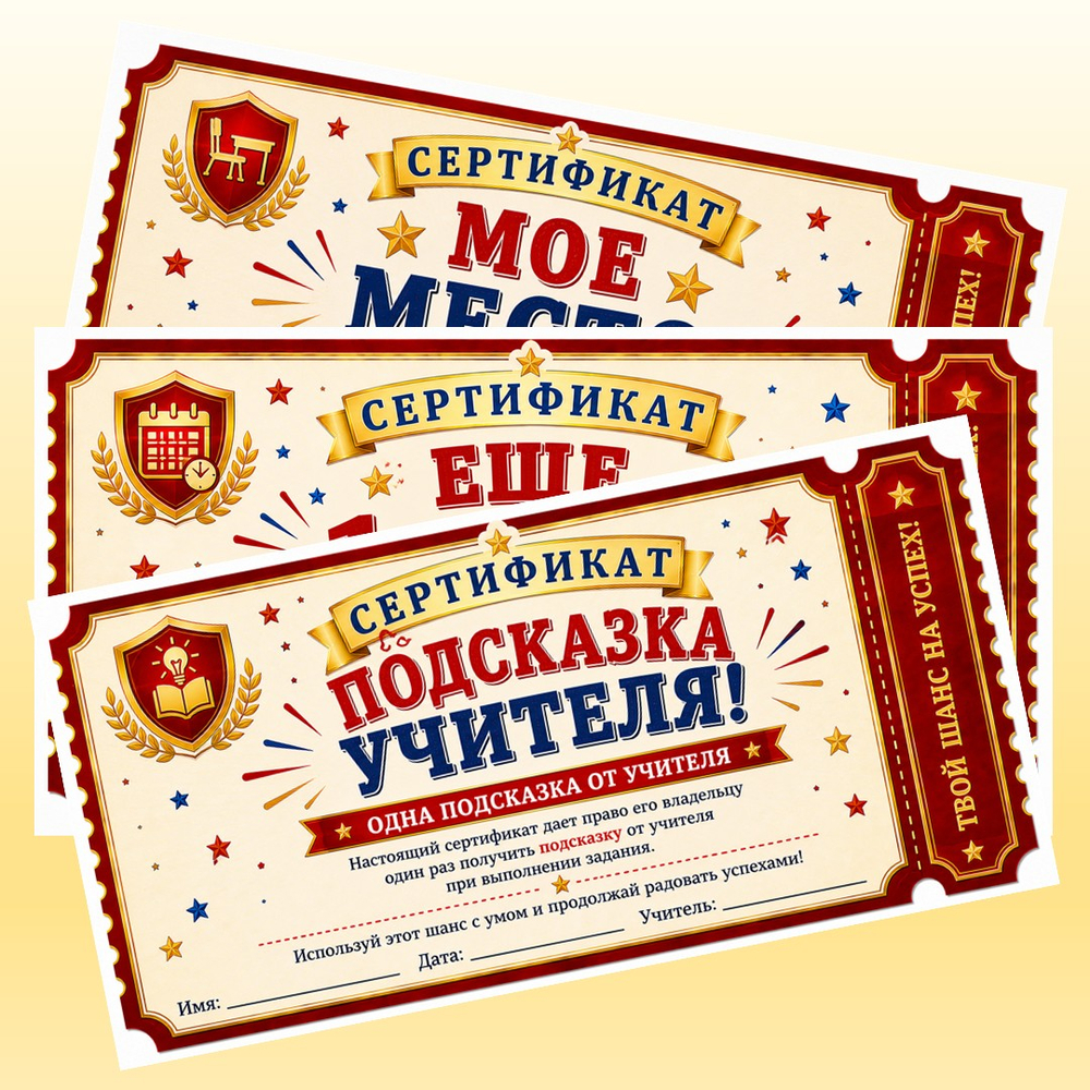 Мотивационные подарочные сертификаты для школьников. 8 шт. PDF-материал