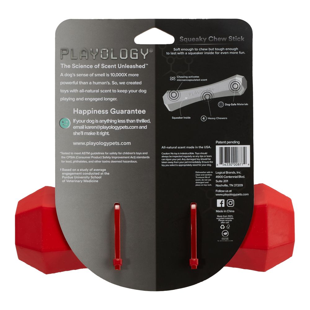 Жевательная палочка Playology SQUEAKY CHEW STICK для собак средних и крупных пород с ароматом говядины, большая, цвет красный