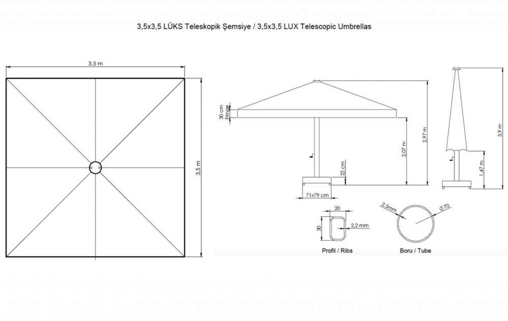 Зонт профессиональный 3.5х3.5 м Theumbrela Semsiye Evi Lux Telescopic